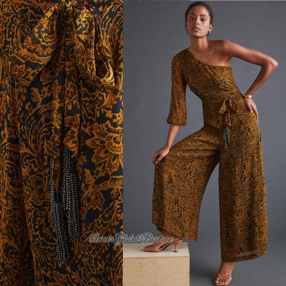 RARE NWT ANTHROPOLOGIE Ollari Paisley Tasseled One-Shoulder Jumpsuit. Size L - Picture 8 of 16